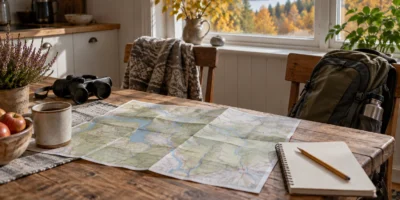 Karta, anteckningsbok och ryggsäck på ett bord inför en naturutflykt.