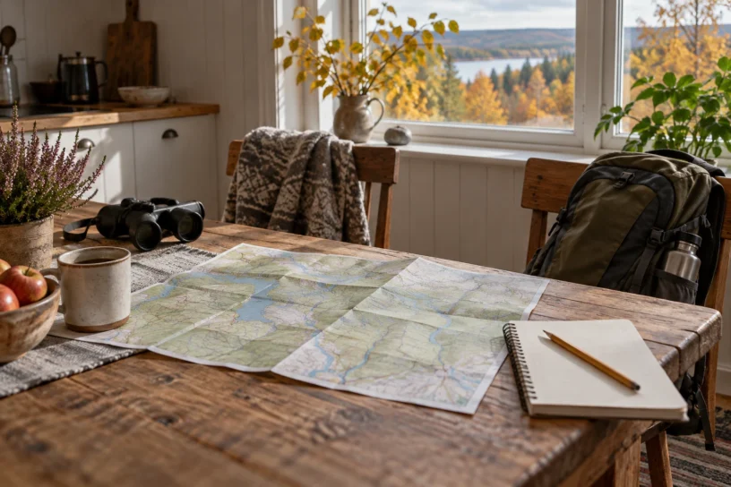 Karta, anteckningsbok och ryggsäck på ett bord inför en naturutflykt.
